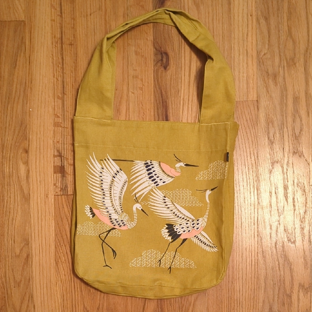 Elegant Crane Print Tote Bag in Mustard